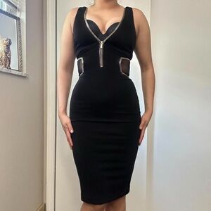 Bebe black midi dress with gold zipper details